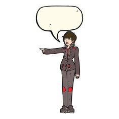 cartoon woman in leather jacket pointing with speech bubble N7