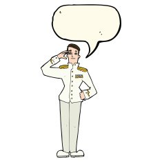 cartoon military man in dress uniform with speech bubble N7