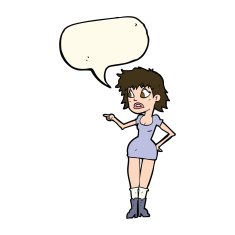 cartoon worried woman in dress pointing with speech bubble N7