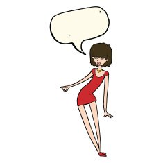 cartoon woman in dress leaning with speech bubble N7