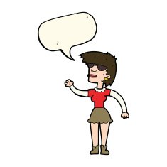 cartoon woman in spectacles waving with speech bubble N7