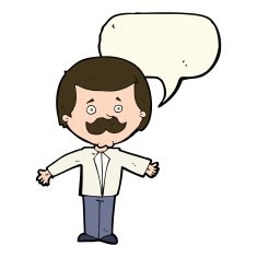 cartoon mustache man with open arms speech bubble N7
