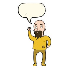 cartoon bearded man waving with speech bubble N7