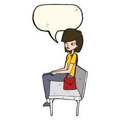 cartoon woman sitting on bench with speech bubble N7