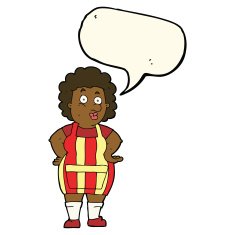 cartoon woman in kitchen apron with speech bubble N7