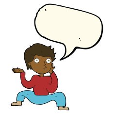 cartoon boy doing crazy dance with speech bubble N6