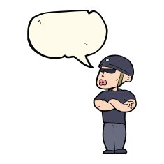 cartoon security guard with speech bubble N6