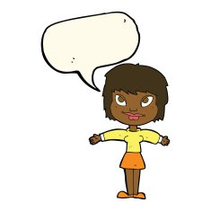 cartoon woman with open amrs speech bubble N8