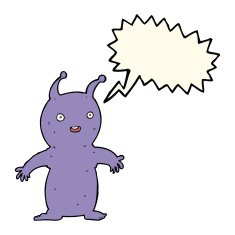 cartoon happy little alien with speech bubble N7