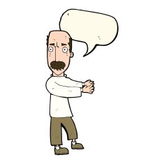 cartoon balding man explaining with speech bubble N7