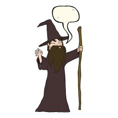 cartoon old wizard with speech bubble N7