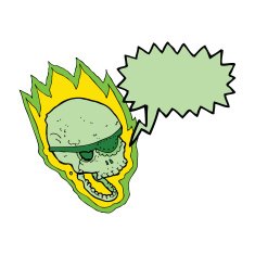 cartoon flaming pirate skull with speech bubble N7