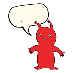 cartoon happy little alien with speech bubble N8