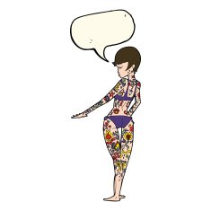 cartoon bikini girl covered in tattoos with speech bubble N6