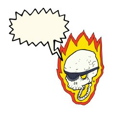 cartoon flaming pirate skull with speech bubble N8
