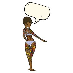 cartoon bikini girl covered in tattoos with speech bubble N7