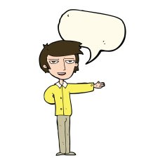 cartoon man gesturing welcome with speech bubble N7
