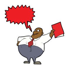 cartoon happy boss with file speech bubble N8
