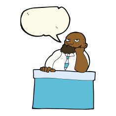 cartoon bored man at desk with speech bubble N8