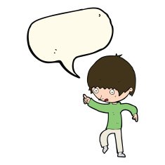 cartoon worried boy pointing with speech bubble N7
