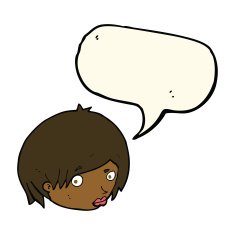 cartoon female face with raised eyebrow speech bubble N8