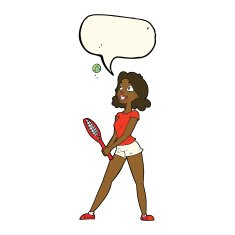cartoon woman playing tennis with speech bubble N7