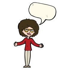 cartoon woman wearing spectacles with speech bubble N26