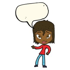 cartoon relaxed woman pointing with speech bubble N8