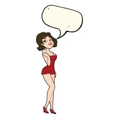 cartoon attractive woman in short dress with speech bubble N6