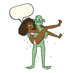 cartoon swamp monster carrying woman in bikini with speech bubbl N8