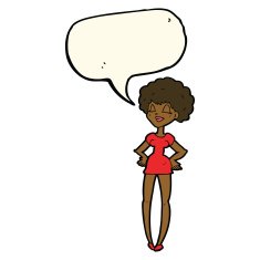 cartoon happy woman with hands on hips speech bubble N15