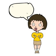 cartoon woman making Who Me? gesture with speech bubble N32