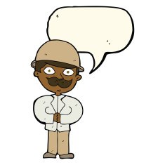 cartoon man in safari hat with speech bubble N8