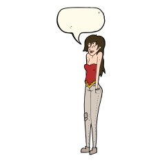 cartoon pretty woman shrugging shoulders with speech bubble N7