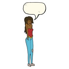 cartoon pretty woman shrugging shoulders with speech bubble N8