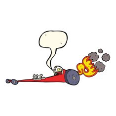 cartoon drag racer with speech bubble N7