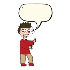 cartoon terrified boy with speech bubble N7