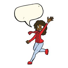 cartoon woman waving dressed for winter with speech bubble N7