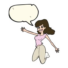 cartoon jumping woman with speech bubble N7