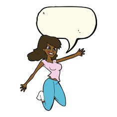 cartoon jumping woman with speech bubble N8