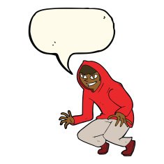 cartoon mischievous boy in hooded top with speech bubble N8