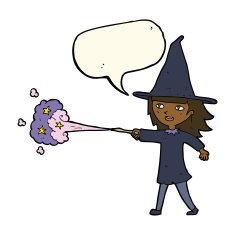 cartoon witch girl casting spell with speech bubble N15