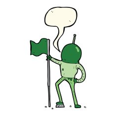 cartoon astronaut planting flag with speech bubble N7