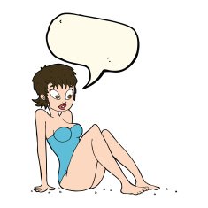 cartoon woman in swimsuit with speech bubble N7