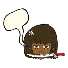 cartoon woman holding knife between teeth with speech bubble N8
