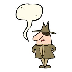 cartoon man in coat and hat with speech bubble N6