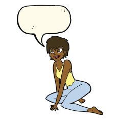 cartoon happy woman sitting on floor with speech bubble N15