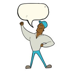 cartoon man striking heroic pose with speech bubble N7