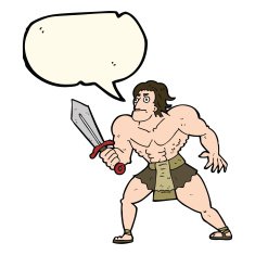 cartoon fantasy hero man with speech bubble N7