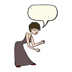 cartoon woman in dress gesturing with speech bubble N7